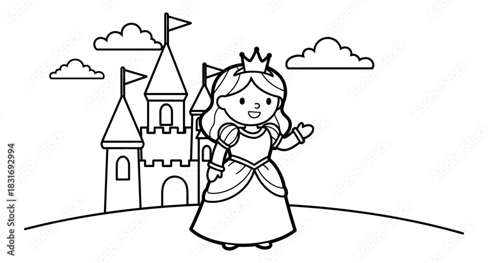 Naklejka premium Cute princess and castle in a simple black and white outline drawing for kids