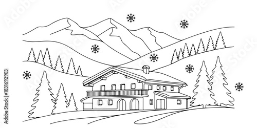Continuous one line of an alpine chalet surrounded by winter elements, symbolizing winter environment, winter theme, hand drawn vector illustration.