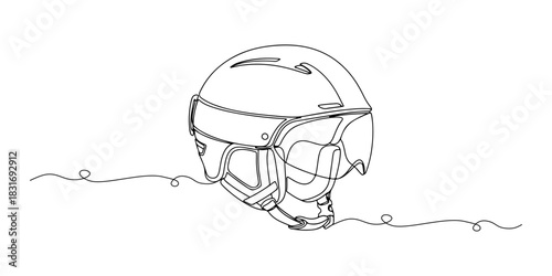Continuous one line of a ski helmet with protective details, representing winter safety gear, winter sports theme, hand drawn vector illustration.