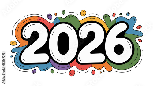 2026 Typography: A dynamic and colorful design features the bold typography of the year 2026, creating a visually engaging image that can represent planning, future events and the passing of time.