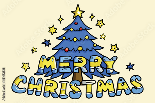 Whimsical Blue and Yellow Merry Christmas Text Over Christmas Tree, Surrounded by Floating Stars, Vector Illustration for Children's Media