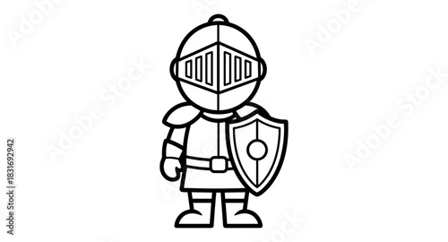 Simple line art of a medieval knight in full armor with shield