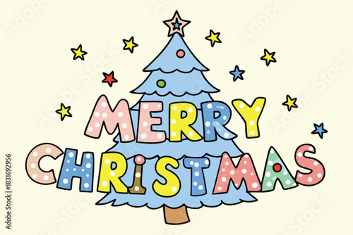 Playful Polka-Dot Merry Christmas Typography Over Light Blue Tree, Surrounded by Multi-Color Stars, Vector Illustration for Greeting Card