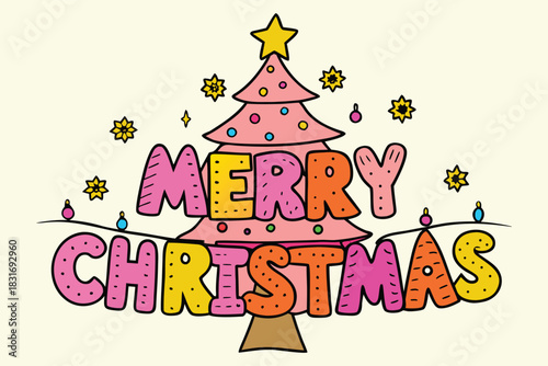 Vibrant Pink and Orange Merry Christmas Typography with Decorated Tree, Set Against Warm Pastel Background, Cute Vector Art