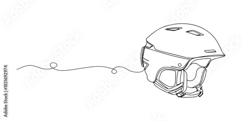 Continuous one line of a ski helmet with protective details, representing winter safety gear, winter sports theme, hand drawn vector illustration.