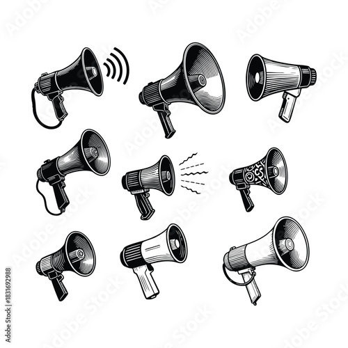 A collection of hand-drawn vintage-style illustrations featuring various models of megaphones, vector template
