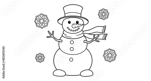 Whimsical snowman line art with snowflakes for winter fun coloring activity