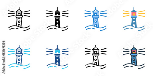 Lighthouse icon set multiple style vector collection. Editable Stroke 
