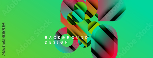 Abstract geometric shapes overlap vibrant green background. Modern design elements create dynamic visual texture. Bold colors enhance composition.