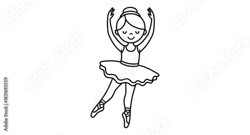 Cute cartoon ballerina dancing in black and white outline style