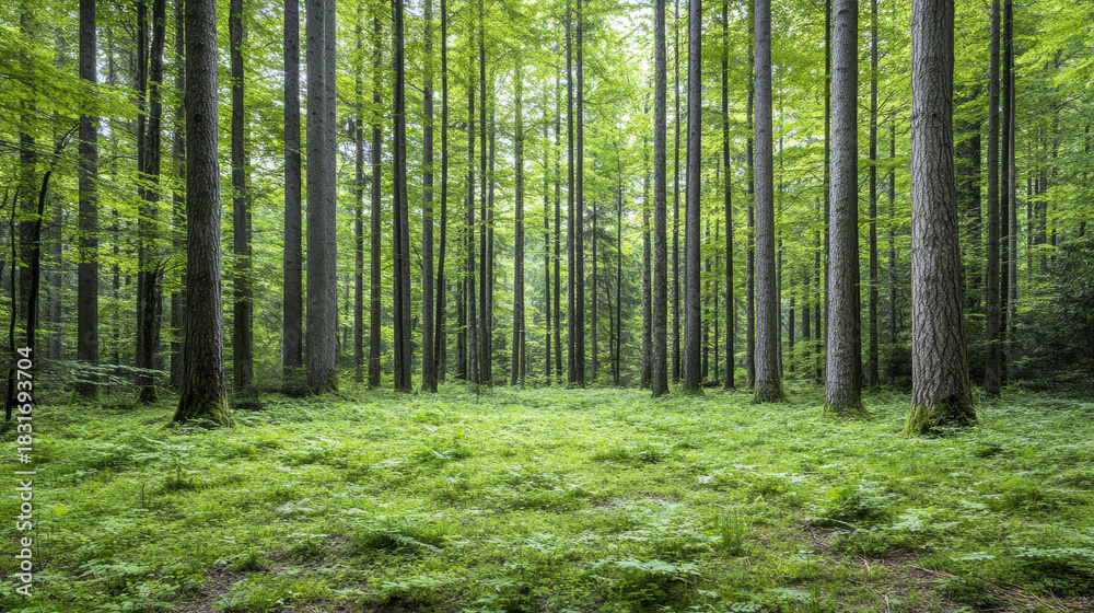 Obraz premium Fresh spring forest with new leaves bright and clean serene green woodland clearing