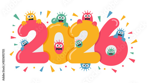 A Playful Outlook for 2026: An illustrated depiction of the year 2026, where vibrant and colorful characters surround the digits, evoking a sense of joy, anticipation, and youthful energy. 