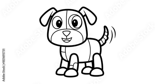 Cute cartoon dog wagging tail in black and white lineart