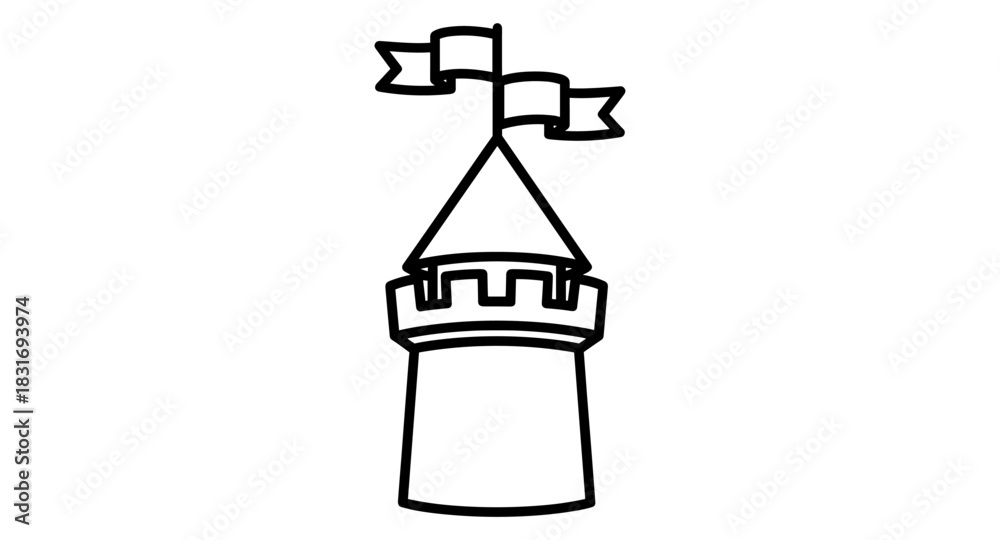 Naklejka premium Simple black and white castle tower with flags icon