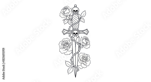 Intricate black and white tattoo design featuring a skull and crossbones entwined with roses and a