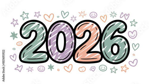 Year 2026: An illustration showcases the upcoming year 2026, embellished with hand-drawn designs of hearts, stars, and smileys.