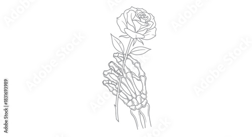 Minimalist Line Drawing of a Skeleton Hand Holding a Rose Symbolizing Love and Life