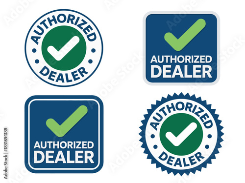 A collection of four distinct circular and square authorized dealer badges featuring green checkmarks against a blue background to signify approval and trust.
