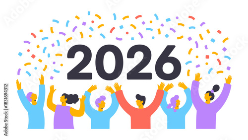 A Glimpse of the Future: The year 2026 is celebrated with confetti and unified enthusiasm, representing anticipation and hopeful outlook.