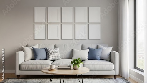 明るいリビングルームにはソファと窓があり、壁には多数のフレームがあります