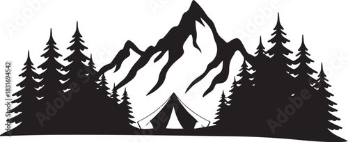 silhouette camping tent mountain backdrop