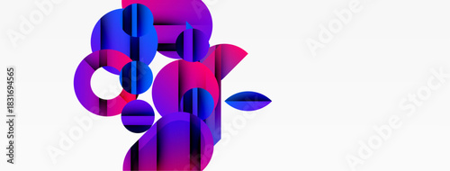 Abstract geometric shapes, vibrant purple hues, modern design. Clean background emphasizes colorful forms, creating dynamic composition.
