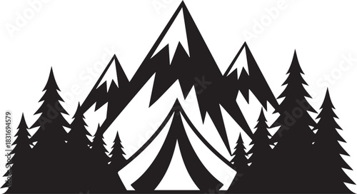 silhouette camping tent mountain backdrop