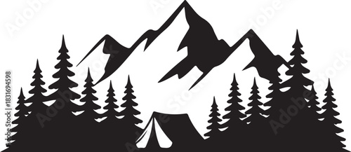 silhouette camping tent mountain backdrop