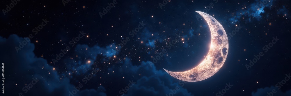 Fototapeta premium Brilliant crescent moon, diamond-dust stars across inky black , romantic, universe