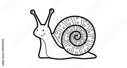Cute smiling snail with intricate shell design in black and white line art