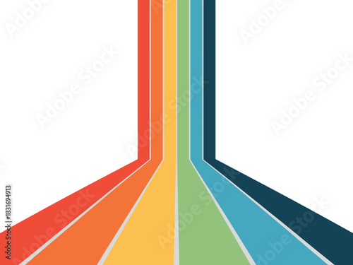 Colorful abstract lines ascend and diverge from a central point, creating a dynamic visual effect on a white background.