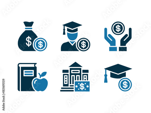 A collection of educational and financial icons including a money bag, graduation cap, hands holding coins, a book with an apple, a school building, and a graduation cap with coins.