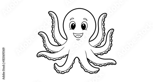 Cute cartoon octopus black and white coloring page with happy smiling face