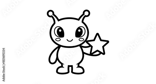 Cute alien character holding star in simple black and white line art