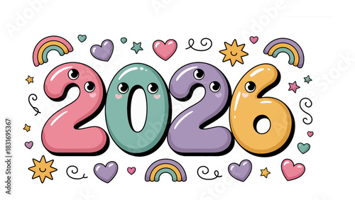 Happy New Year 2026: A vibrant and whimsical design announcing the arrival of the year 2026, adorned with cheerful elements, celebrating the promise of a fresh start.