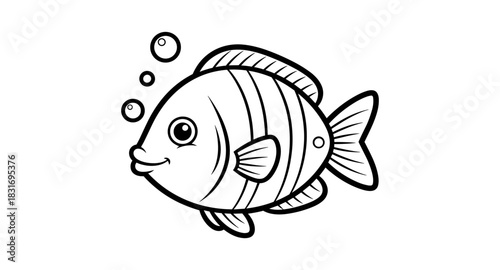 Cute cartoon fish with bubbles in black and white line art