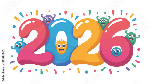 Cheerful 2026 Illustration: Playful monsters dance around vibrant, colorful numbers symbolizing the upcoming year, perfect for joyful celebrations and exciting forecasts.