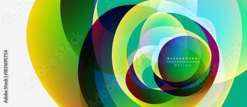 Abstract colorful layers create dynamic circular pattern. Vibrant hues blend, forming modern background design. Smooth gradients offer visual interest.