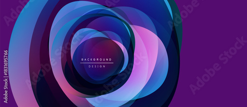 Abstract circular layers create vibrant, dynamic visual. Purple hues dominate, blending into blues, pinks. Text reads background design.