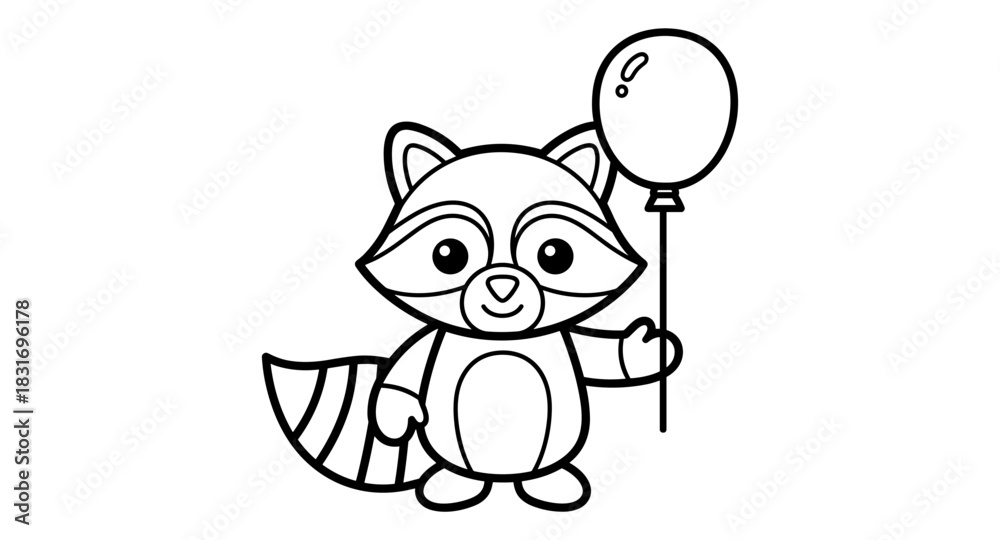 Naklejka premium Cute cartoon raccoon holding balloon in black and white outline art