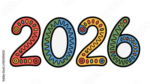 A Colorful Vision for 2026: The year 2026 is vibrantly brought to life with a captivating and artistic display. Each digit is intricately decorated in a riot of color. 