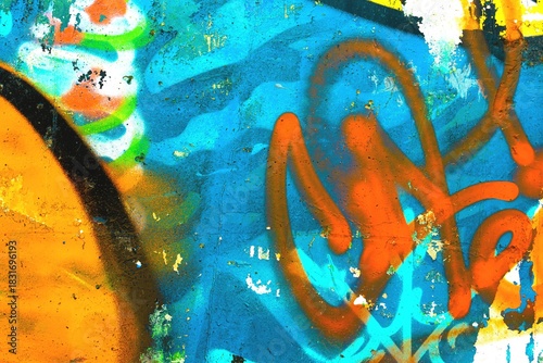 Graffiti style abstract art in vibrant orange blue. Strong 90s urban influence, textured paint, bold expressions. Digital art, modern 90s creative banner, wall decor.