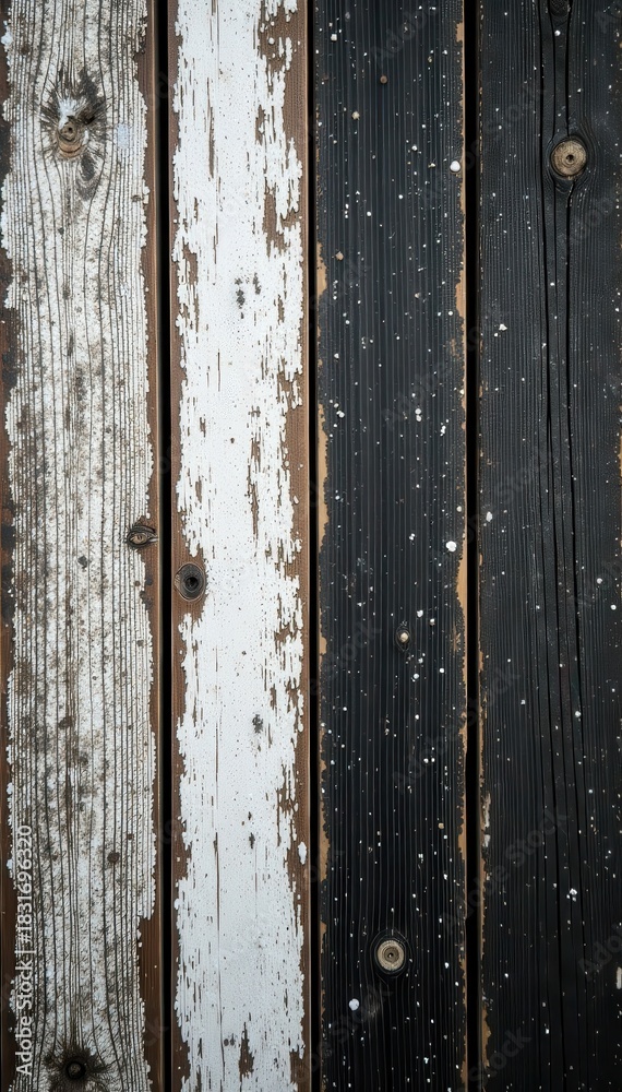 Fototapeta premium Distressed black & white wood planks, rustic texture, vertical, texture