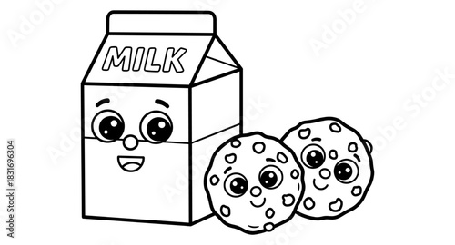 Cute cartoon milk carton and cookies with smiling faces for coloring fun