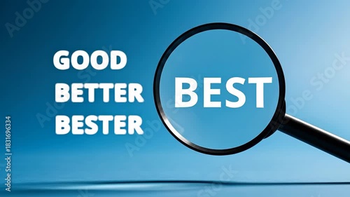 Magnifying Glass Highlighting Best Word Among Good Better Bester on Blue Background.