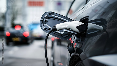 Sleek electric car charging on a city street, promoting sustainable energy and eco-friendly transportation solutions for a greener future today