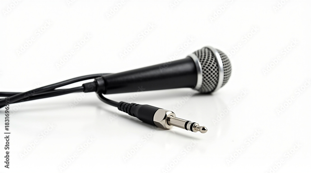 Obraz premium Black Dynamic Microphone with Cable and Audio Jack on Isolated White Background