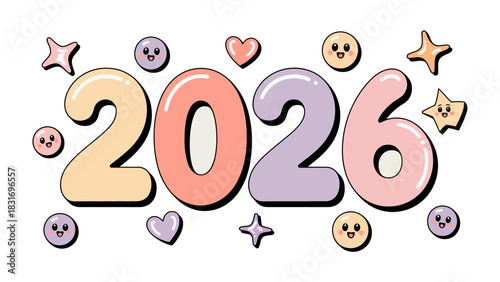 Year 2026: A playful and whimsical design spells out 2026, adorned with charming illustrations and pastel color palette, offering a cheerful and optimistic vibe.