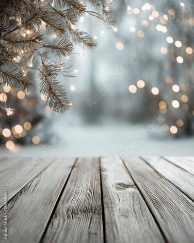 A wooden table in the foreground with blurred festive lights and pine branches in the background.