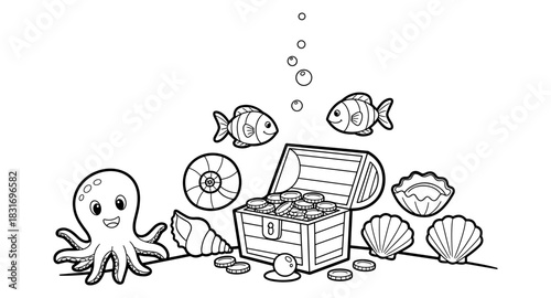 Underwater treasure hunt with marine life in black and white outline